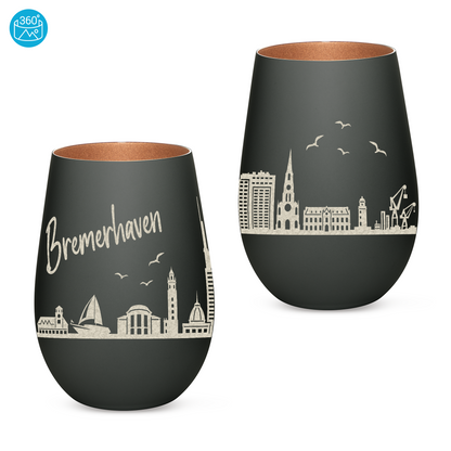 Hochwertiges Glas Windlicht mit Gravur "SKYLINE BREMERHAVEN" in der Farbe Schwarz/Bronze
