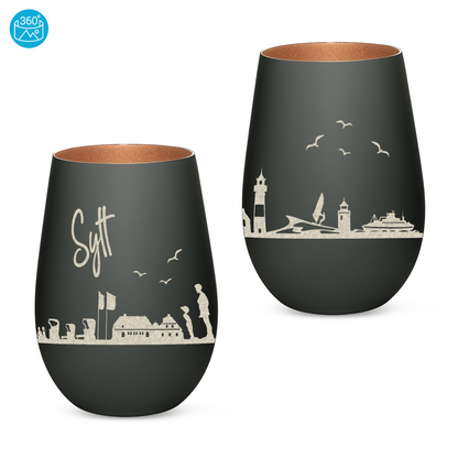 Hochwertiges Glas Windlicht mit Gravur "SKYLINE SYLT" in der Farbe Schwarz/Bronze