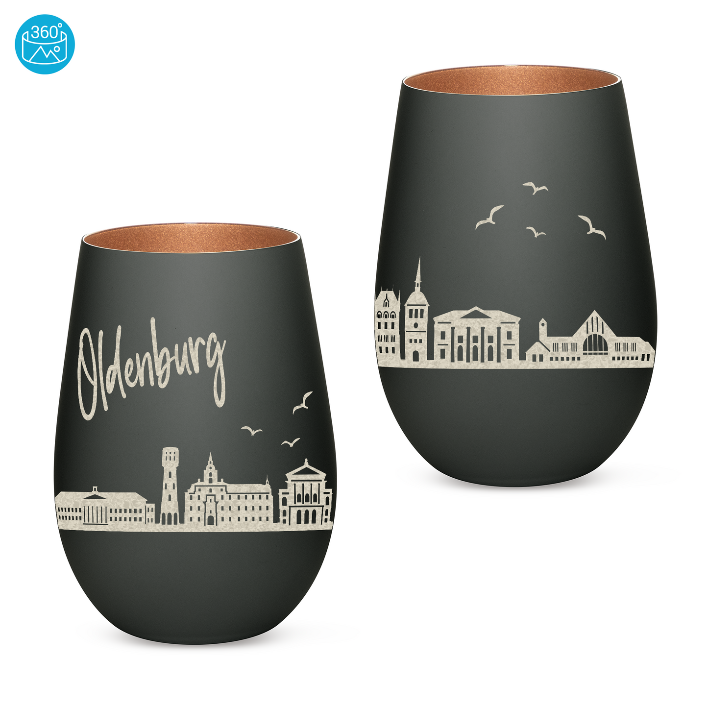 Hochwertiges Glas Windlicht mit Gravur "SKYLINE OLDENBURG" in der Farbe Schwarz/Bronze