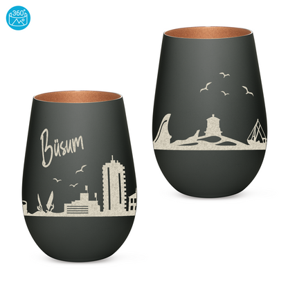Hochwertiges Glas Windlicht mit Gravur "SKYLINE BÜSUM" in der Farbe Schwarz/Bronze