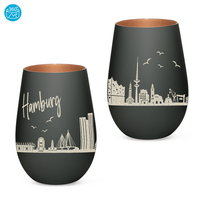 Hochwertiges Glas Windlicht mit Gravur "SKYLINE HAMBURG" in der Farbe Schwarz/Bronze