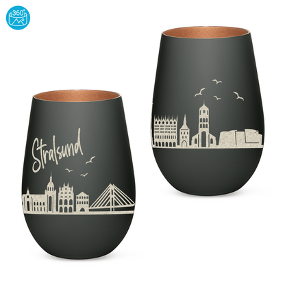Hochwertiges Glas Windlicht mit Gravur "SKYLINE STRALSUND" in der Farbe Schwarz/Bronze