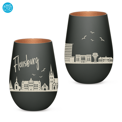Hochwertiges Glas Windlicht mit Gravur "SKYLINE FLENSBURG" in der Farbe Schwarz/Bronze