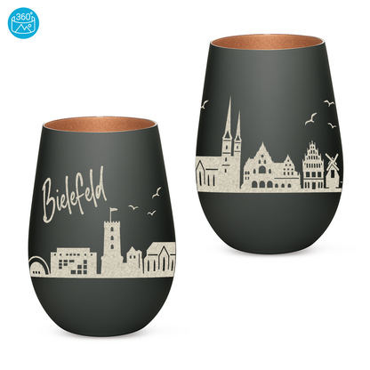 Hochwertiges Glas Windlicht mit Gravur "SKYLINE BIELEFELD" in der Farbe Schwarz/Bronze
