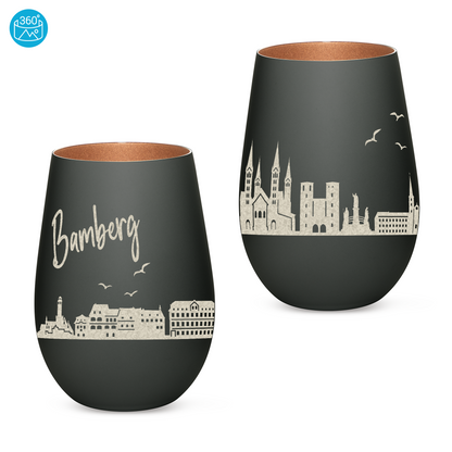 Hochwertiges Glas Windlicht mit Gravur "SKYLINE BAMBERG" in der Farbe Schwarz/Bronze