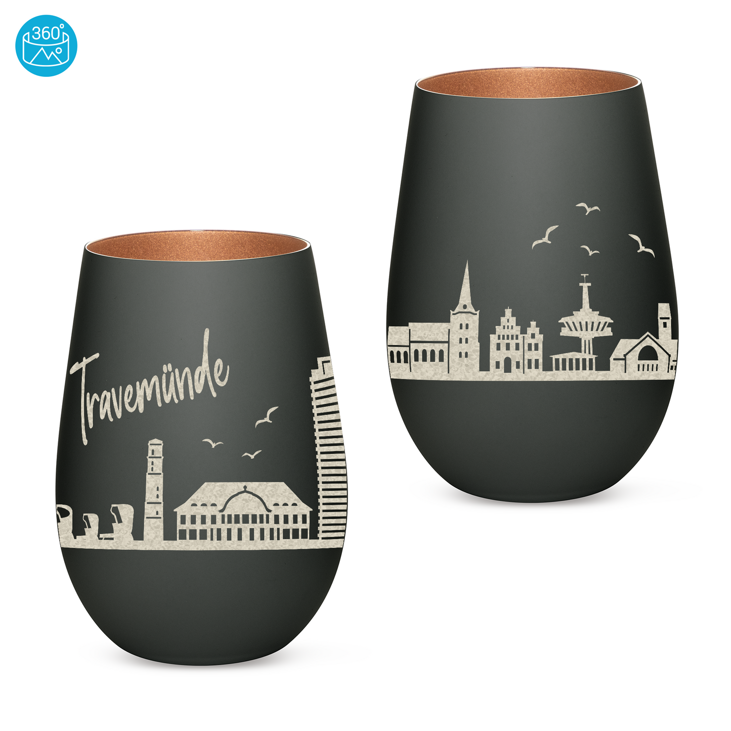 Hochwertiges Glas Windlicht mit Gravur "SKYLINE TRAVEMÜNDE" in der Farbe Schwarz/Bronze