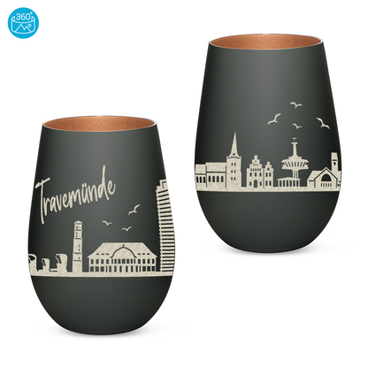 Hochwertiges Glas Windlicht mit Gravur "SKYLINE TRAVEMÜNDE" in der Farbe Schwarz/Bronze