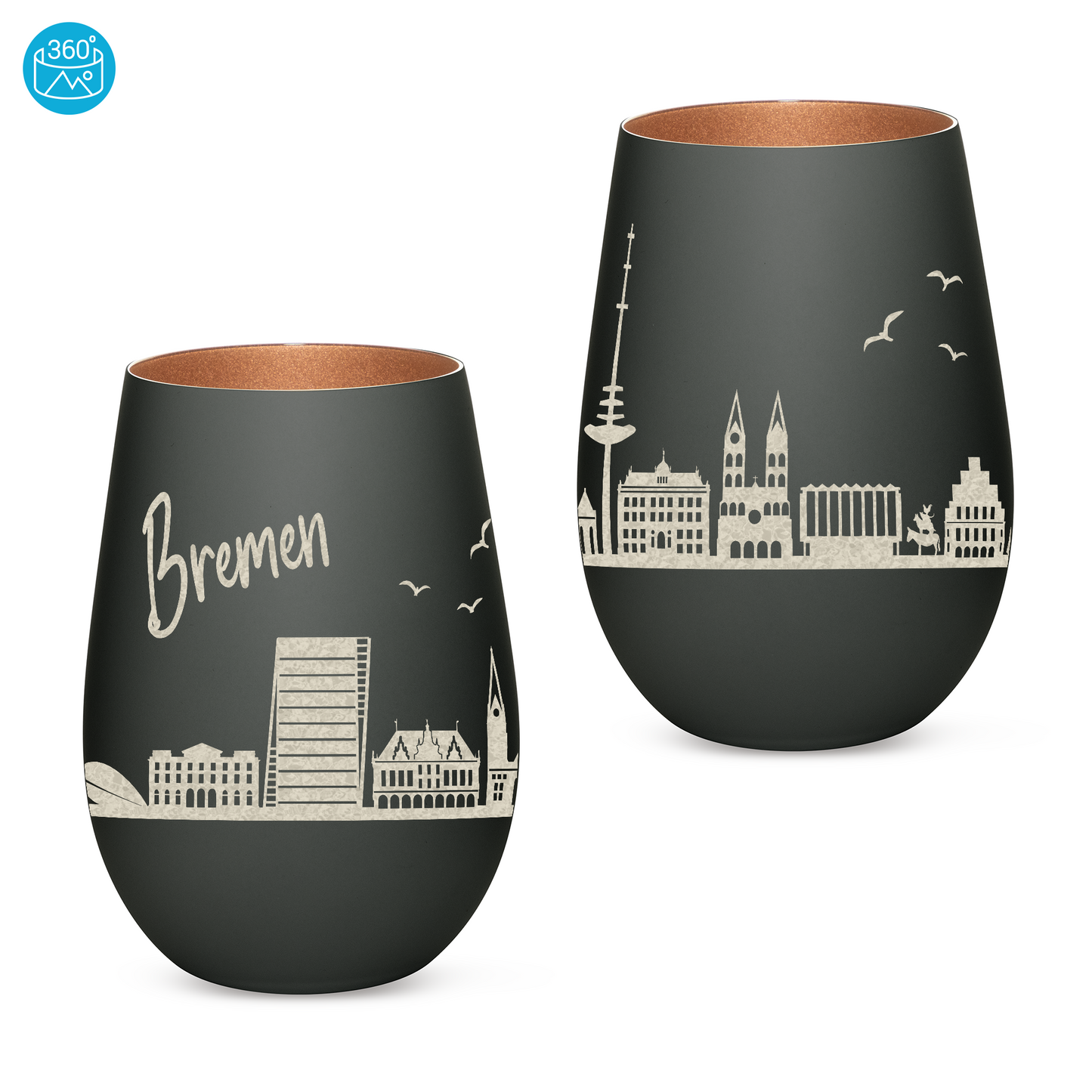 Hochwertiges Glas Windlicht mit Gravur "SKYLINE BREMEN" in der Farbe Schwarz/Bronze