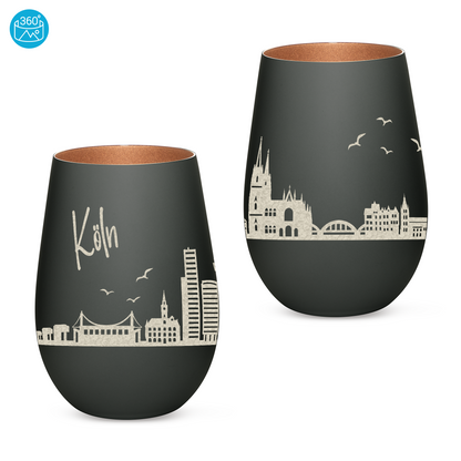Hochwertiges Glas Windlicht mit Gravur "SKYLINE KÖLN" in der Farbe Schwarz/Bronze