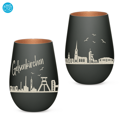 Hochwertiges Glas Windlicht mit Gravur "SKYLINE GELSENKIRCHEN" in der Farbe Schwarz/Bronze
