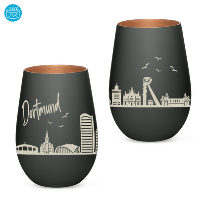 Hochwertiges Glas Windlicht mit Gravur "SKYLINE DORTMUND" in der Farbe Schwarz/Bronze