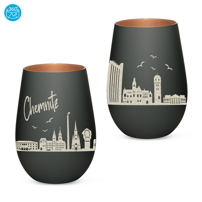 Hochwertiges Glas Windlicht mit Gravur "SKYLINE CHEMNITZ" in der Farbe Schwarz/Bronze