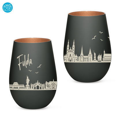 Hochwertiges Glas Windlicht mit Gravur "SKYLINE FULDA" in der Farbe Schwarz/Bronze