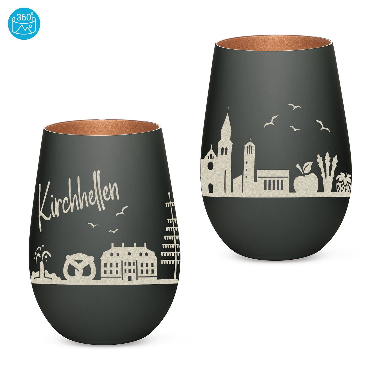 Hochwertiges Glas Windlicht mit Gravur "SKYLINE KIRCHHELLEN" in der Farbe Schwarz/Bronze