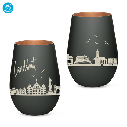 Hochwertiges Glas Windlicht mit Gravur "SKYLINE LANDSHUT" in der Farbe Schwarz/Bronze