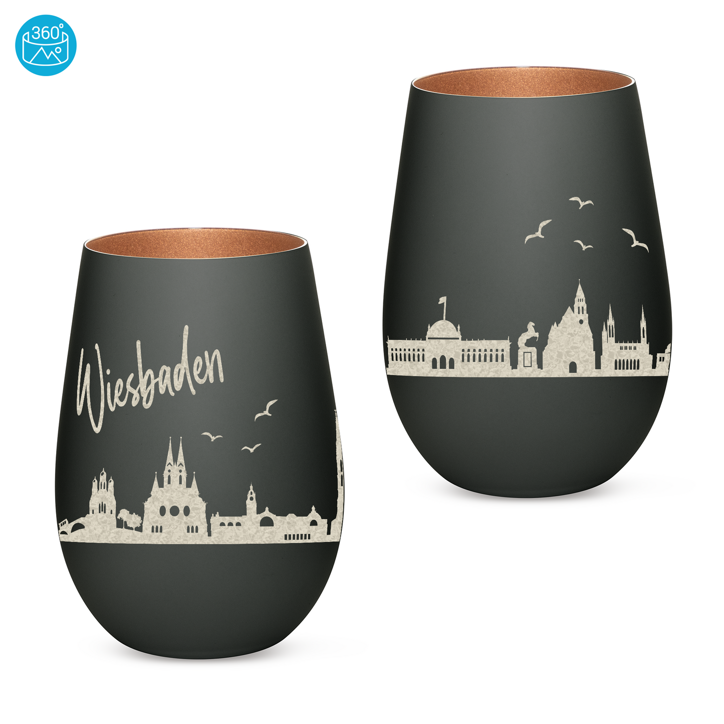Hochwertiges Glas Windlicht mit Gravur "SKYLINE WIESBADEN" in der Farbe Schwarz/Bronze