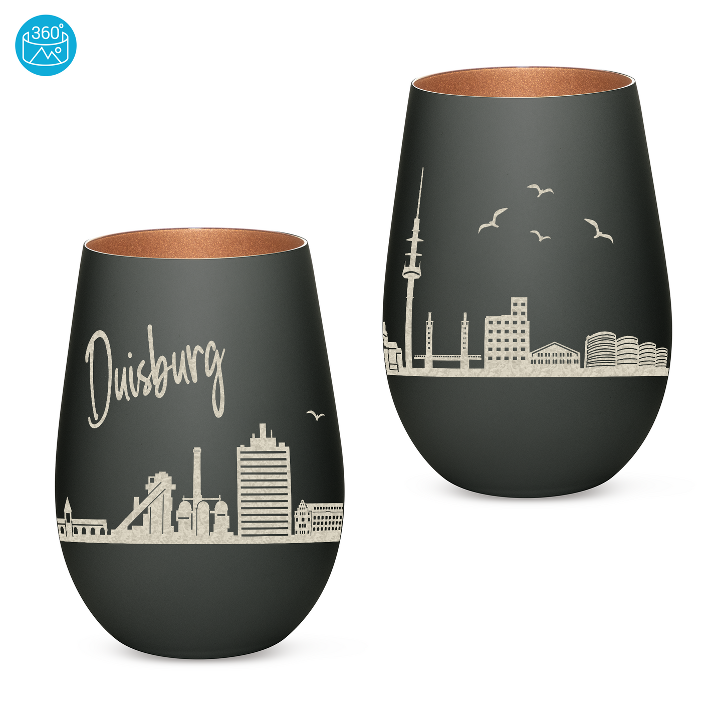 Hochwertiges Glas Windlicht mit Gravur "SKYLINE DUISBURG" in der Farbe Schwarz/Bronze