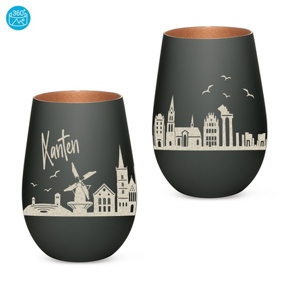Hochwertiges Glas Windlicht mit Gravur "SKYLINE XANTEN" in der Farbe Schwarz/Bronze