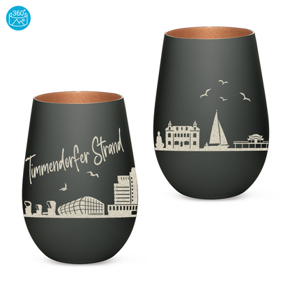 Hochwertiges Glas Windlicht mit Gravur "SKYLINE TIMMENDORFER STRAND" in der Farbe Schwarz/Bronze