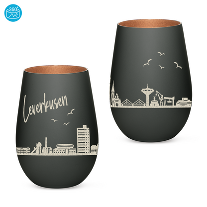 Hochwertiges Glas Windlicht mit Gravur "SKYLINE LEVERKUSEN" in der Farbe Schwarz/Bronze