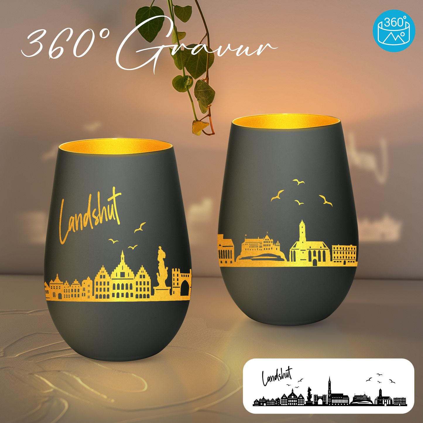 Hochwertiges Glas Windlicht mit Gravur "SKYLINE LANDSHUT" in der Farbe Schwarz/Gold