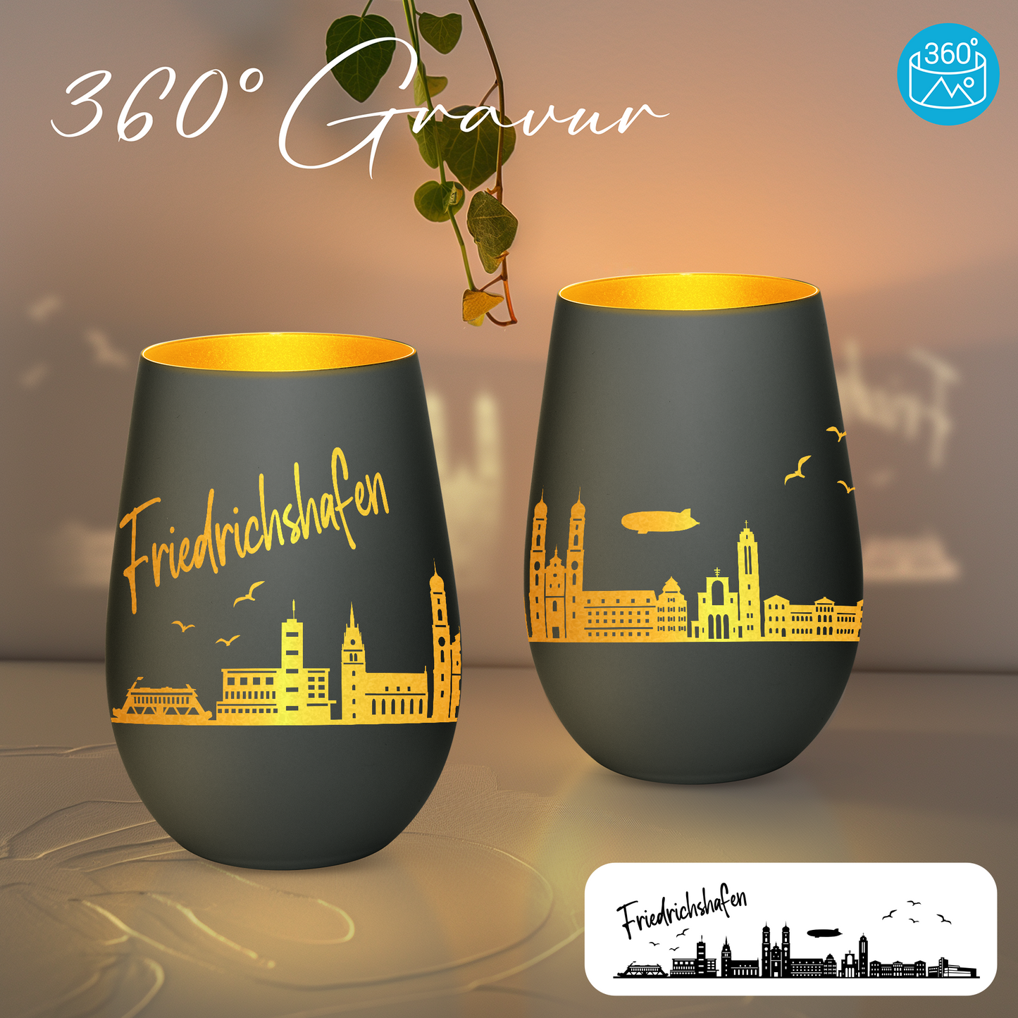 Hochwertiges Glas Windlicht mit Gravur "SKYLINE FRIEDRICHSHAFEN" in der Farbe Schwarz/Gold
