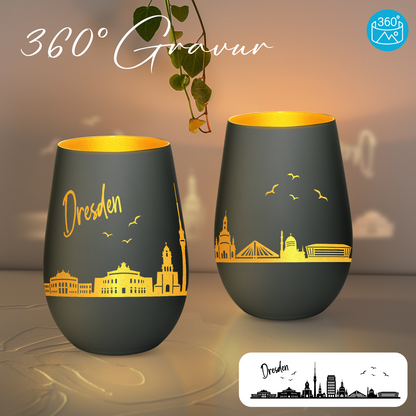 Hochwertiges Glas Windlicht mit Gravur "SKYLINE DRESDEN" in der Farbe Schwarz/Gold