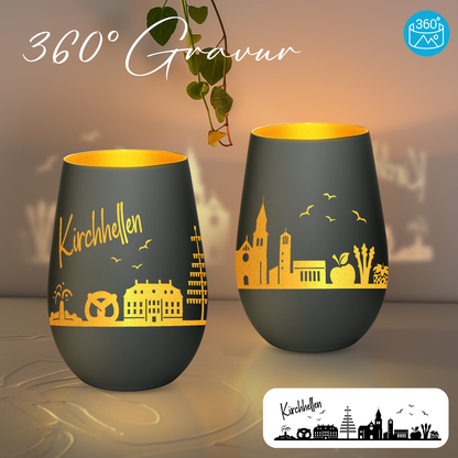 Hochwertiges Glas Windlicht mit Gravur "SKYLINE KIRCHHELLEN" in der Farbe Schwarz/Gold