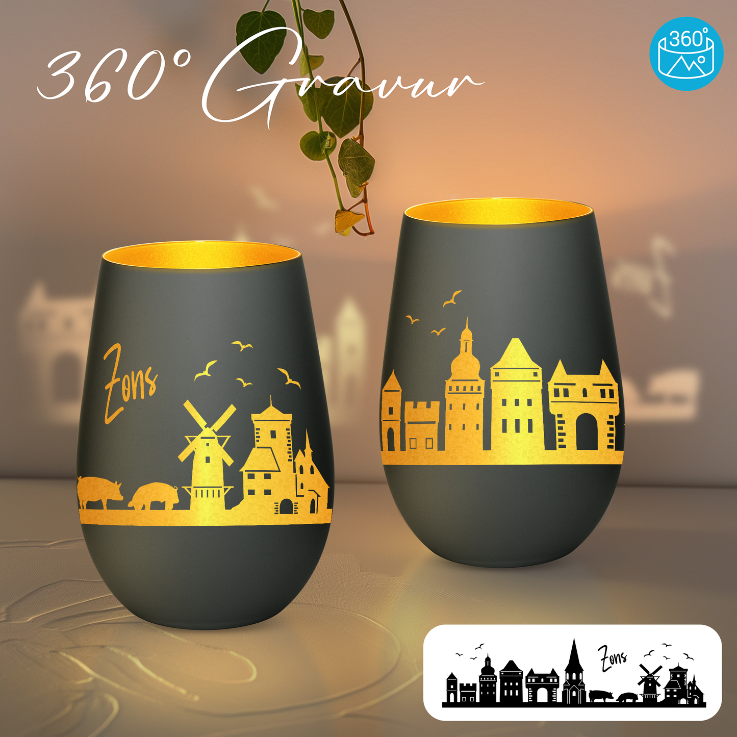 Hochwertiges Glas Windlicht mit Gravur "SKYLINE ZONS (DORMAGEN)" in der Farbe Schwarz/Gold