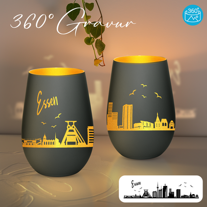 Hochwertiges Glas Windlicht mit Gravur "SKYLINE ESSEN" in der Farbe Schwarz/Gold