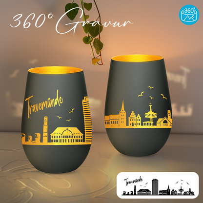 Hochwertiges Glas Windlicht mit Gravur "SKYLINE TRAVEMÜNDE" in der Farbe Schwarz/Gold