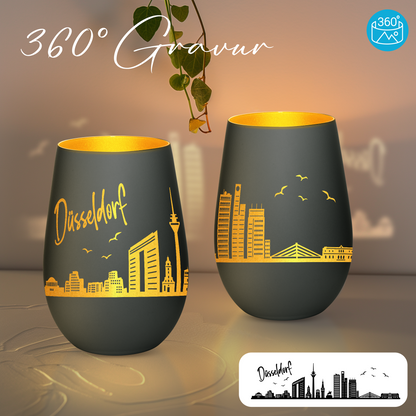 Hochwertiges Glas Windlicht mit Gravur "SKYLINE DÜSSELDORF" in der Farbe Schwarz/Gold