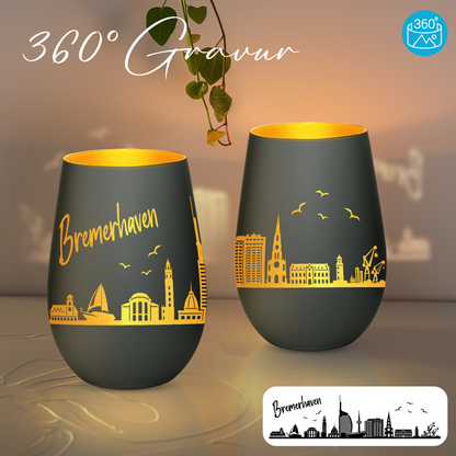Hochwertiges Glas Windlicht mit Gravur "SKYLINE BREMERHAVEN" in der Farbe Schwarz/Gold