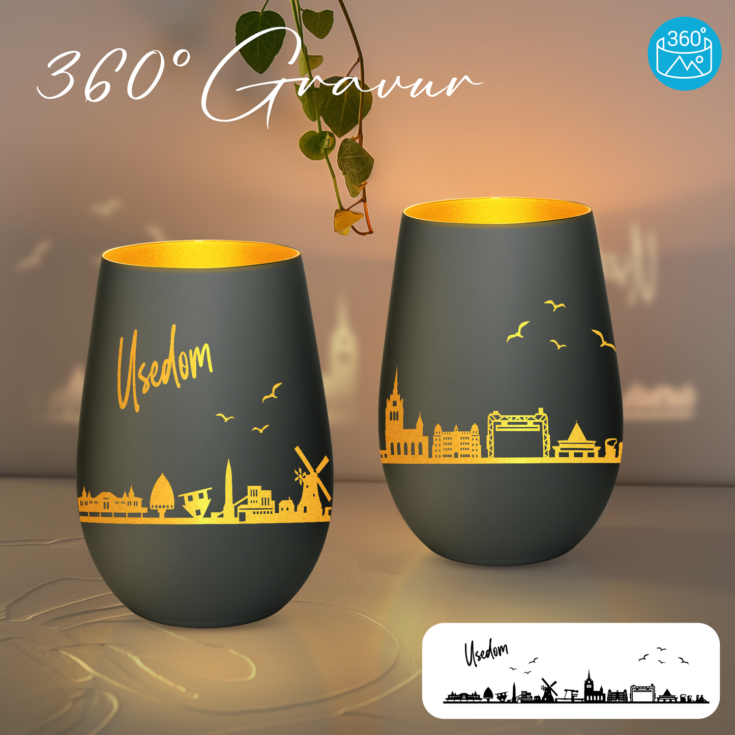 Hochwertiges Glas Windlicht mit Gravur "SKYLINE USEDOM" in der Farbe Schwarz/Gold
