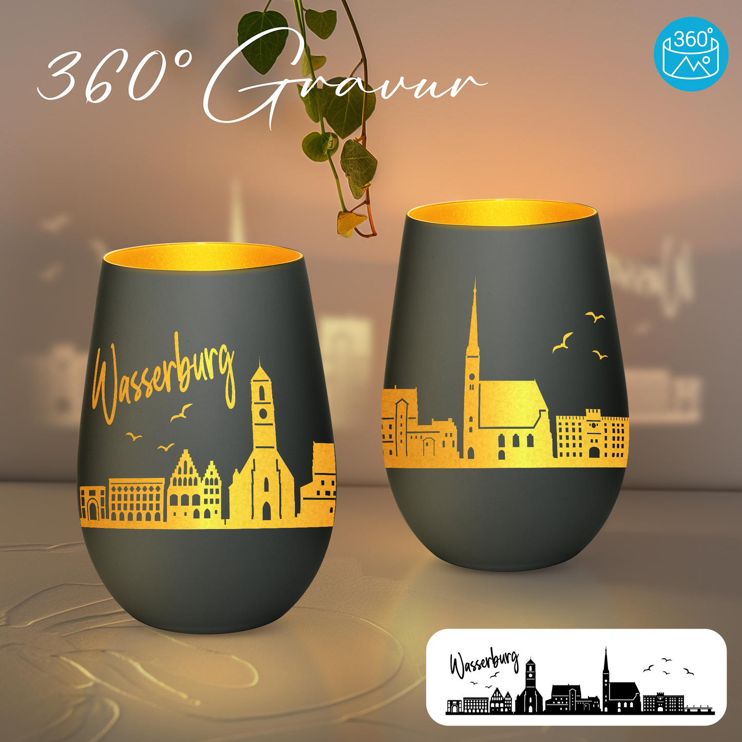 Hochwertiges Glas Windlicht mit Gravur "SKYLINE WASSERBURG" in der Farbe Schwarz/Gold