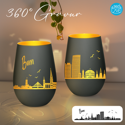 Hochwertiges Glas Windlicht mit Gravur "SKYLINE BONN" in der Farbe Schwarz/Gold