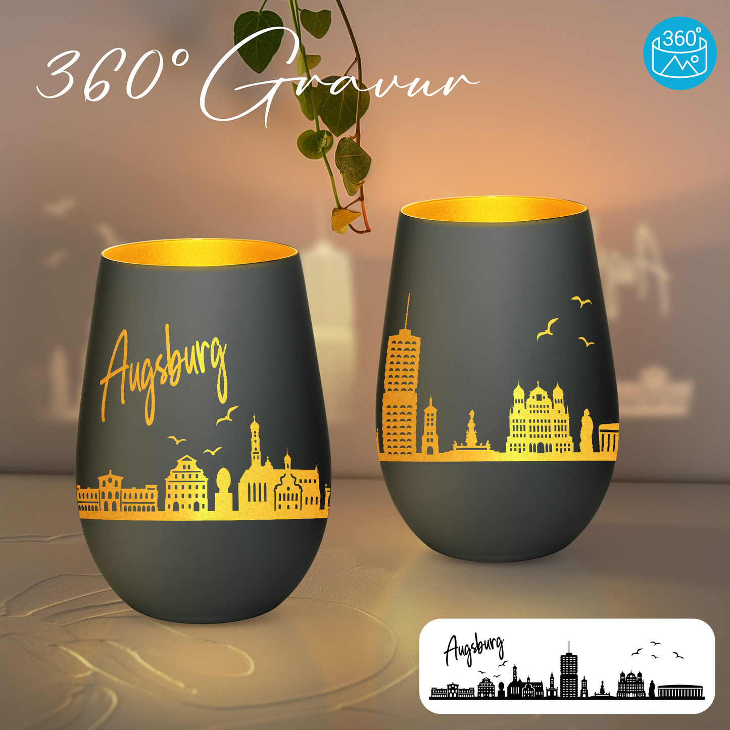 Hochwertiges Glas Windlicht mit Gravur "SKYLINE AUGSBURG" in der Farbe Schwarz/Gold