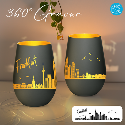 Hochwertiges Glas Windlicht mit Gravur "SKYLINE FRANKFURT" in der Farbe Schwarz/Gold