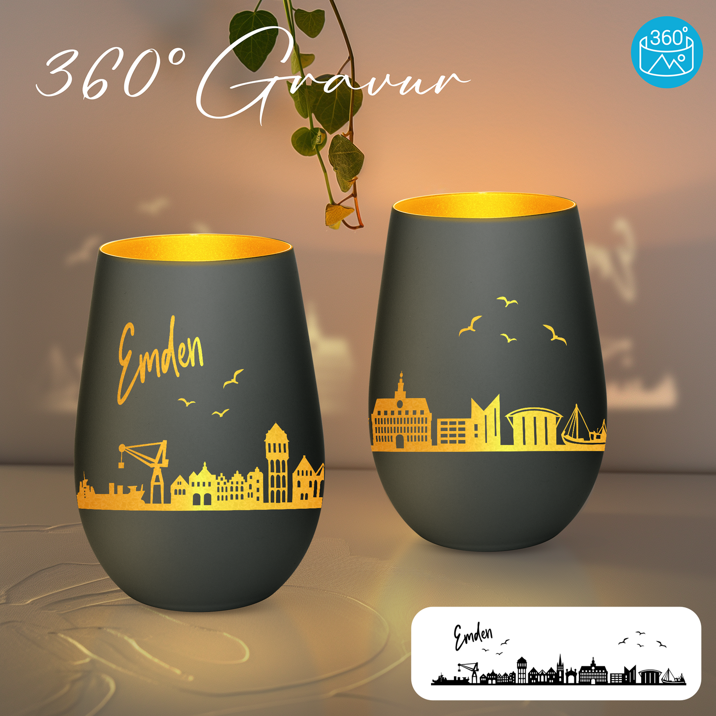 Hochwertiges Glas Windlicht mit Gravur "SKYLINE EMDEN" in der Farbe Schwarz/Gold