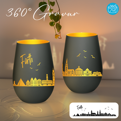Hochwertiges Glas Windlicht mit Gravur "SKYLINE FÜRTH" in der Farbe Schwarz/Gold
