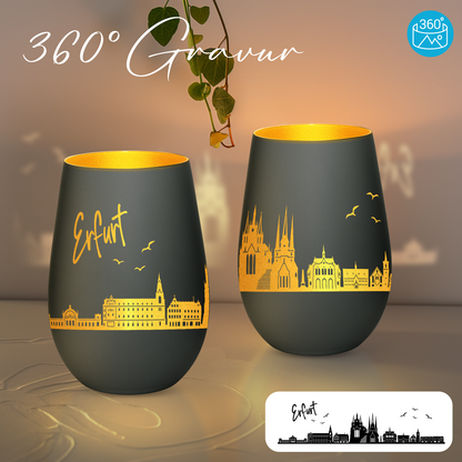 Hochwertiges Glas Windlicht mit Gravur "SKYLINE ERFURT" in der Farbe Schwarz/Gold