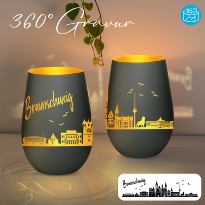 Hochwertiges Glas Windlicht mit Gravur "SKYLINE BRAUNSCHWEIG" in der Farbe Schwarz/Gold