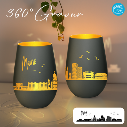 Hochwertiges Glas Windlicht mit Gravur "SKYLINE MAINZ" in der Farbe Schwarz/Gold