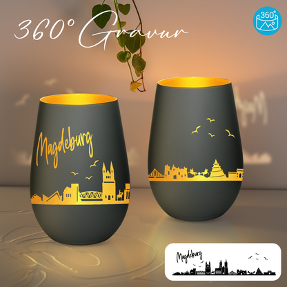 Hochwertiges Glas Windlicht mit Gravur "SKYLINE MAGDEBURG" in der Farbe Schwarz/Gold