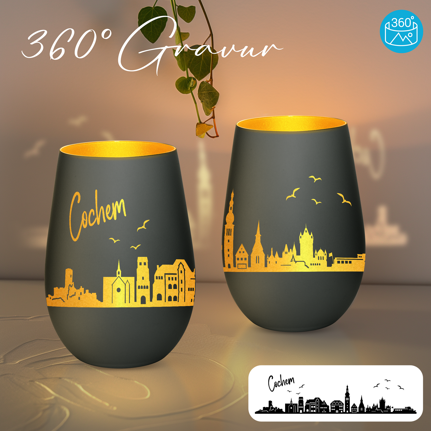 Hochwertiges Glas Windlicht mit Gravur "SKYLINE COCHEM" in der Farbe Schwarz/Gold