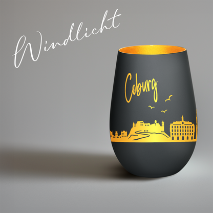 Hochwertiges Glas Windlicht mit Gravur "SKYLINE COBURG" in der Farbe Schwarz/Gold