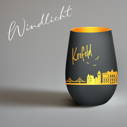 Hochwertiges Glas Windlicht mit Gravur "SKYLINE KREFELD" in der Farbe Schwarz/Gold