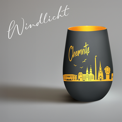Hochwertiges Glas Windlicht mit Gravur "SKYLINE CHEMNITZ" in der Farbe Schwarz/Gold