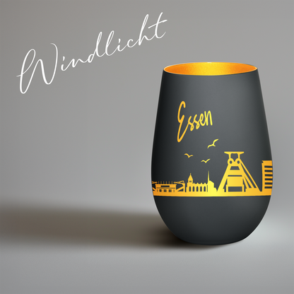 Hochwertiges Glas Windlicht mit Gravur "SKYLINE ESSEN" in der Farbe Schwarz/Gold