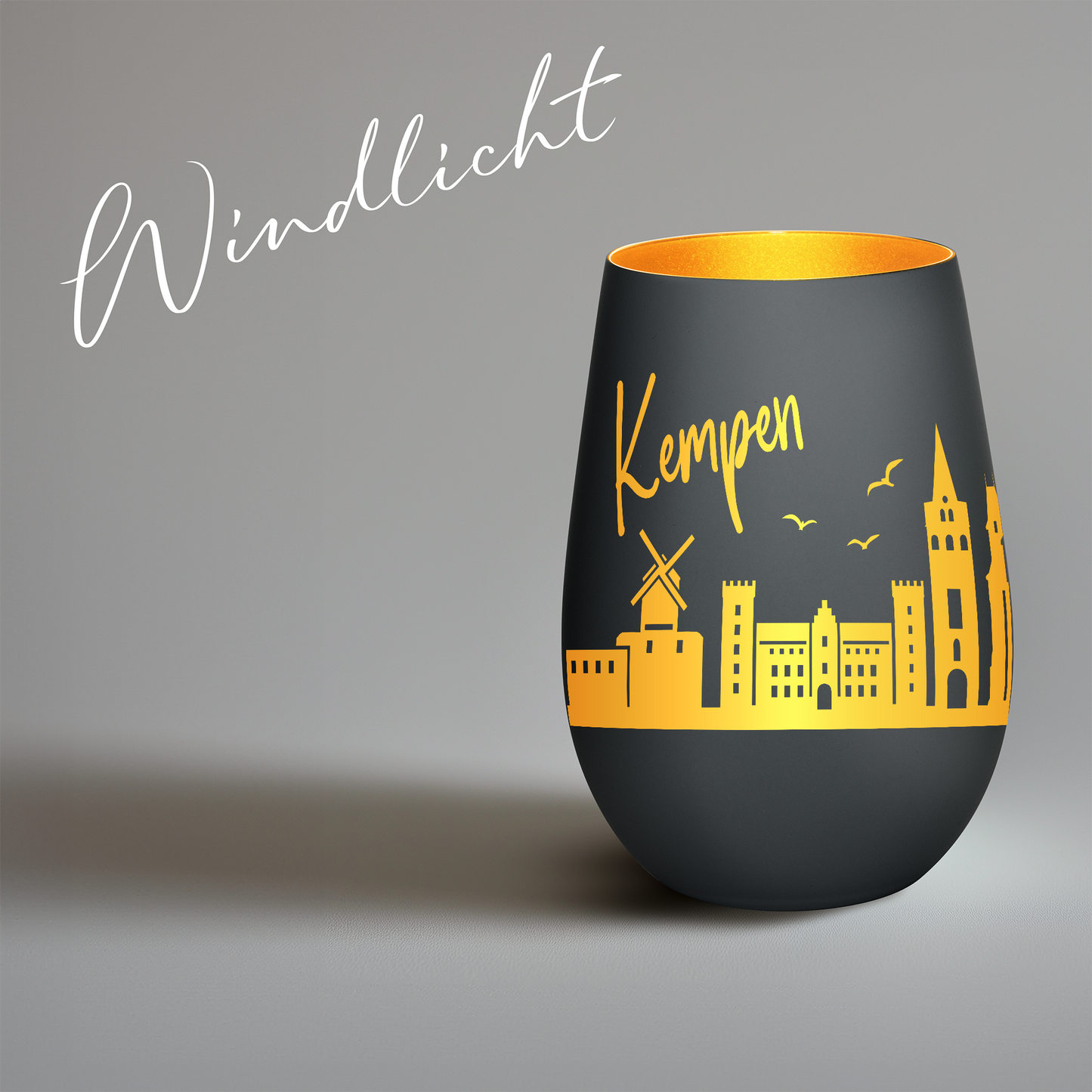 Hochwertiges Glas Windlicht mit Gravur "SKYLINE KEMPEN" in der Farbe Schwarz/Gold